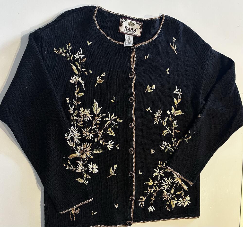 Tiara International Cardigan Black Sweater Embroidered Floral Sz Sm Cottagecore